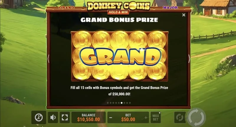 Donkey Coins Hold & Win - екран со џекпоти Mini, Minor, Major, Grand