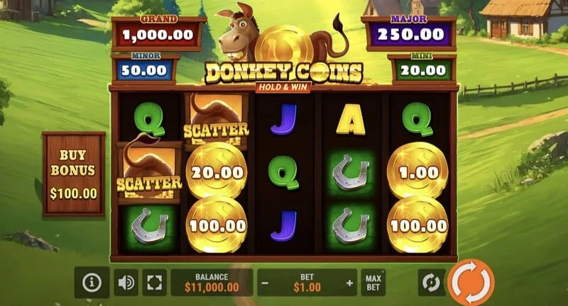 Donkey Coins Hold & Win - главен екран со ролни